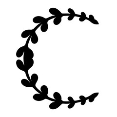 Elegant crescent moon shaped silhouette design with leafy branches and black leaves