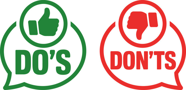 Do s and don ts icons with thumbs up and thumbs down symbols