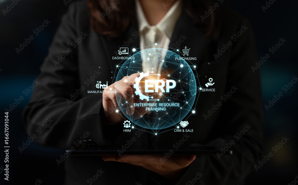 Poster erp platform visual showing centralized system for enterprise resource planning, improving integrati