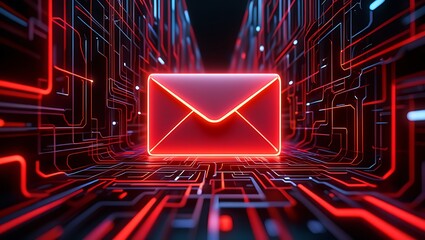 Glowing red envelope symbol in futuristic digital network
