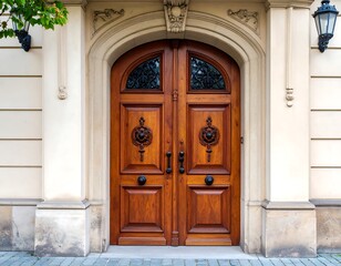 Ornate wooden door in a light beige building