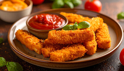 Mozzarella sticks with marinara sauce. Fried snack. Delicious appetizer. Cooking and culinary