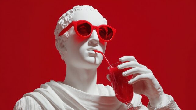 A classical statue with a modern twist is wearing bright red sunglasses and sipping a colorful drink through a straw. The stark red background amplifies the playful contrast between old and new.