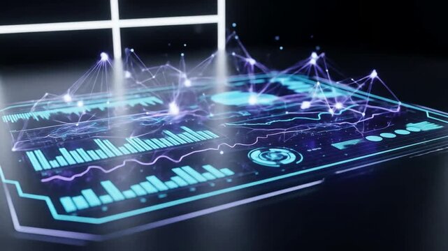 Analyzing Data on Futuristic Holographic Screen: Business Insights, Tech Innovation - Powered by Adobe