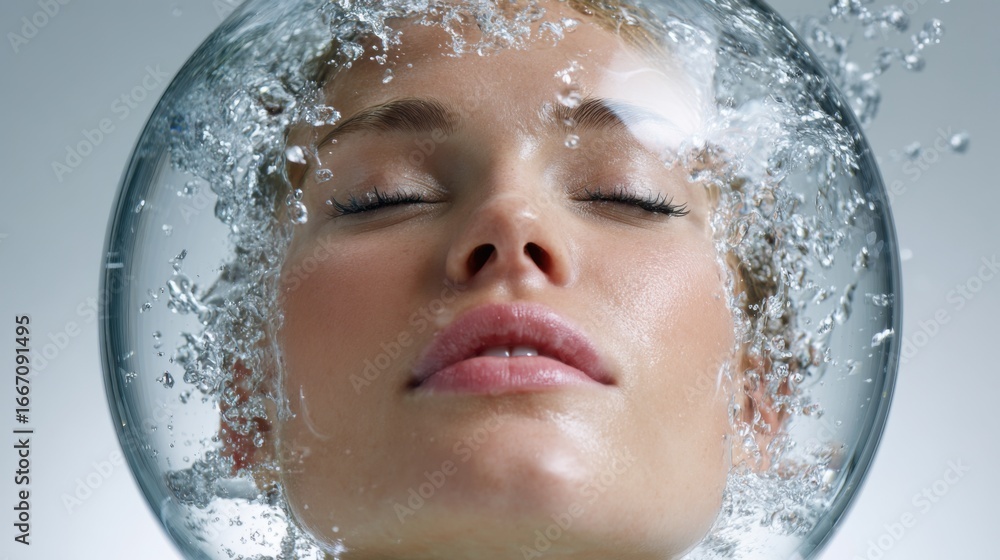 Poster a person floats peacefully, their head encased in a transparent spherical object filled with water. 