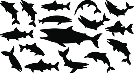 Shark and dolphin silhouettes vector, underwater sea animals collection, marine wildlife silhouettes for ocean life, aquarium, fishing, educational, and decorative design