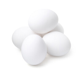 Many raw chicken eggs isolated on white