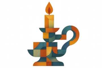 Illustration of a burning candle on an ornate candlestick, composed of colorful geometric shapes, on a transparent background