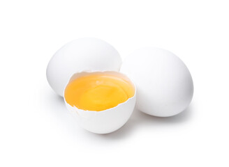 Whole and broken chicken eggs isolated on white