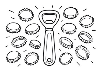 Cartoon style bottle opener and scattered bottle caps on brown background