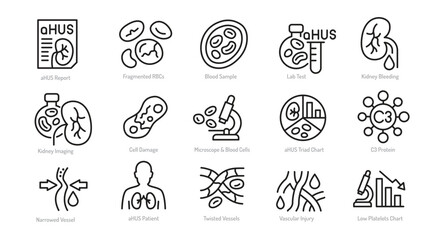 aHUS icon set. Editable vector illustrations of kidney failure,