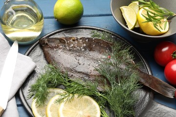 Fresh raw flounder fish, ingredients and knife on blue wooden table, above view. Seafood