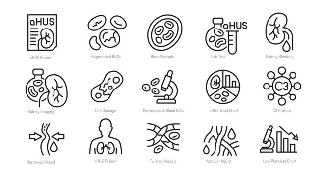 aHUS icon set. Editable vector illustrations of kidney failure,