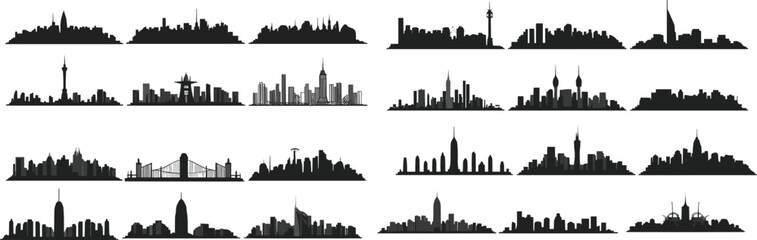 Fototapeta premium Global city skyline vector silhouettes collection, featuring iconic urban landscapes, famous buildings, cityscapes, and architectural landmarks in editable black graphic illustration style.