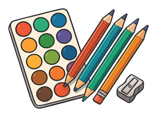 Naklejka premium Colorful art supplies: watercolor palette, pencils, and sharpener