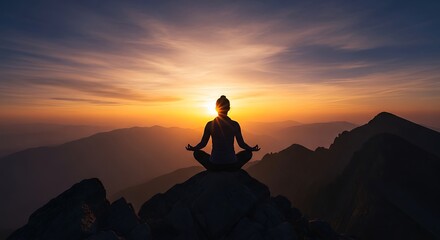Obraz premium Serene woman meditating in lotus pose on mountain peak at stunning sunrise or sunset, embodying tranquility, mindfulness, and spiritual wellness.