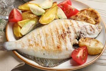 Tasty roasted flounder fish served with potatoes, tomatoes and lemon slices on light wooden table,...