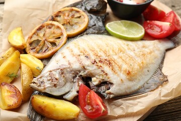 Tasty roasted flounder fish served with potatoes, tomatoes and lemon slices on wooden table,...