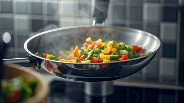 steaming colorful vegetables stir frying in kitchen pan