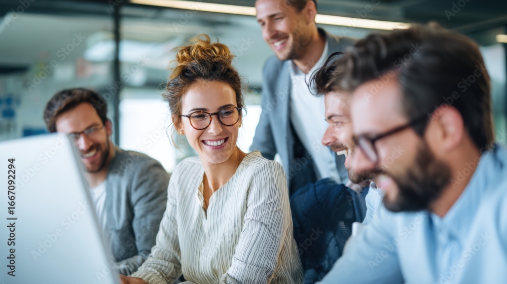 Poster a group of five employees collaborates in a sleek office environment, sharing ideas and smiling whil