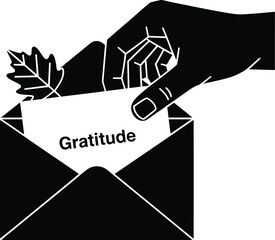 Thanksgiving gratitude cards vector art of hand putting gratitude card in envelope with leaf for thanksgiving design vector