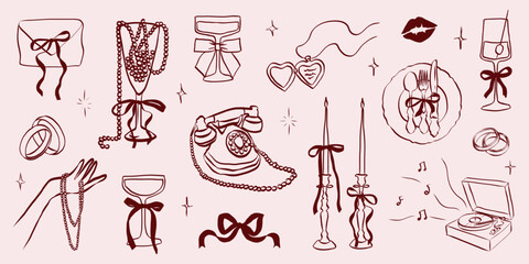Naklejka na ściany i meble Hand drawn coquette wedding elements. Vintage cute symbols with ribbon and bow in simple crayon sketch style. Trendy art for Valentine day and bachelorette invitations. Aesthetic vector illustration