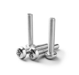 Many metal bolts isolated on white. Hardware tool