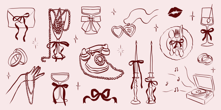 Hand drawn coquette wedding elements. Vintage cute symbols with ribbon and bow in simple crayon sketch style. Trendy art for Valentine day and bachelorette invitations. Aesthetic vector illustration