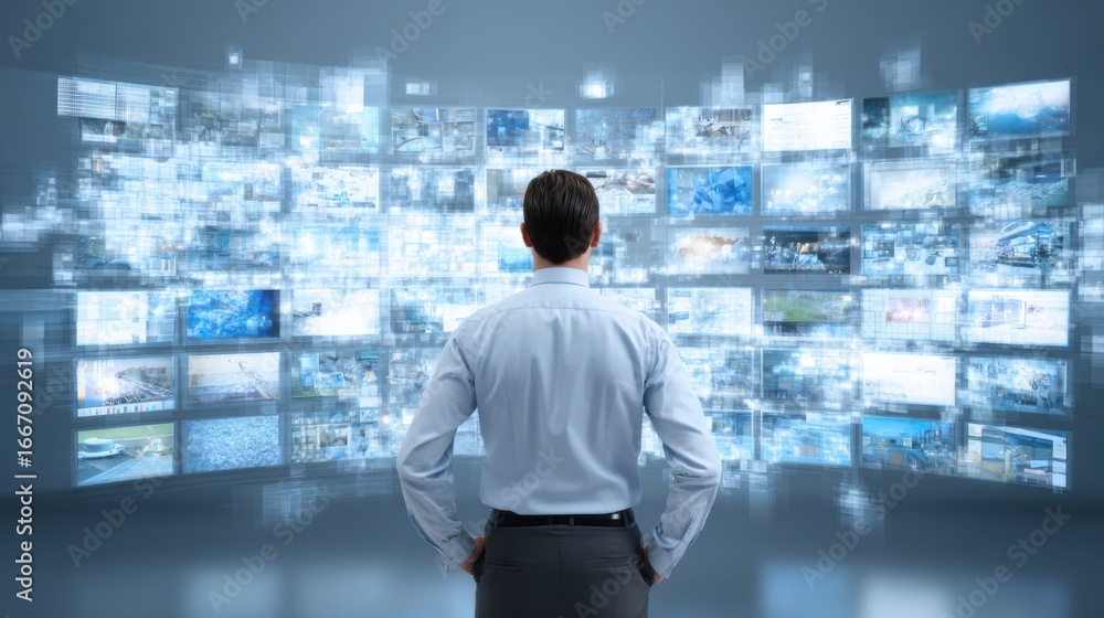 Poster a focused individual stands in front of an array of digital screens displaying various data visuals 