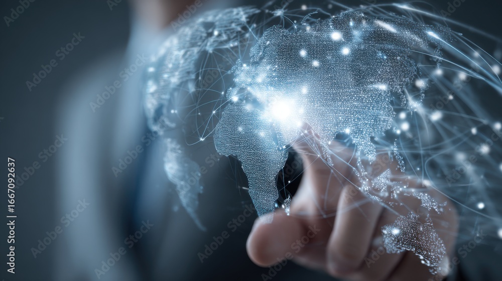 Poster an individual in a suit interacts with a digital representation of the world map, highlighting the i