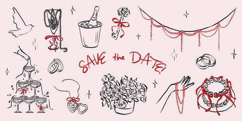 Hand drawn coquette wedding elements. Vintage cute symbols with ribbon and bow in simple crayon sketch style. Trendy art for Valentine day and bachelorette invitations. Elegant vector illustration