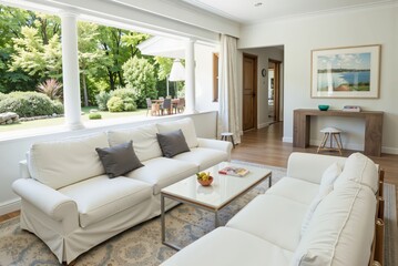 Fototapeta premium a living room with white furniture and a large window