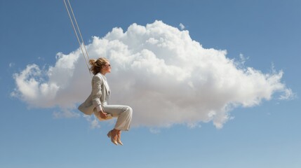 A woman in a light-colored suit swings joyfully from a soft cloud in a clear blue sky, showcasing a sense of freedom and whimsy. The scene captures the essence of creativity and daydreaming.