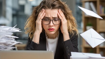 A young woman looks stressed while sitting at her desk surrounded by papers and envelopes. The office is busy, with a laptop in front of her as she faces multiple tasks and deadlines.