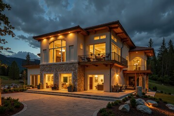 a large home with a large driveway and lights