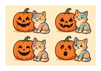 Cute cartoon cats with pumpkins featuring happy and surprised faces for halloween