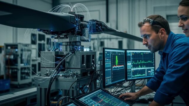 Engineers monitoring realtime data from sensors on carbon fiber helicopter rotor blade under mechanical fatigue testing.