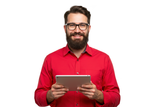 Smiling man with beard and glasses holding a tablet device isolated on transparent background - Powered by Adobe