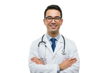Smiling male doctor wearing glasses and stethoscope with arms crossed isolated on transparent background