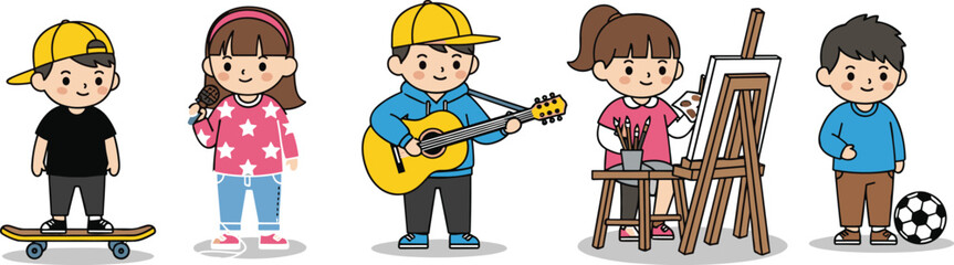 PrintCartoon Children Doing Hobbies and Activities Like Singing, Playing Guitar, Painting, Skating, and Playing Soccer – Fun Kids Illustration