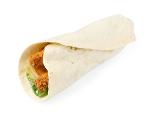 One delicious wrap with arugula and deep fried chicken isolated on white. Tasty fast food