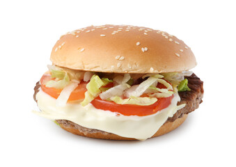 One delicious burger with cheese, tomato, lettuce and patty isolated on white. Tasty fast food