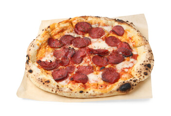 Delicious pizza with melted cheese and sausages isolated on white. Tasty fast food