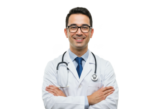 Smiling male doctor wearing glasses and stethoscope with arms crossed isolated on transparent background