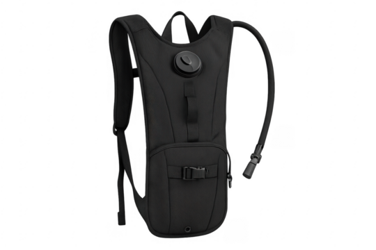 Black hydration backpack with drinking tube on transparent background