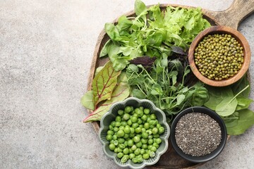 Superfood. Different healthy products on light grey table, top view. Space for text