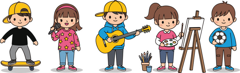 PrintCartoon children enjoying diverse hobbies including sports, music, and art activities, promoting creativity, teamwork, self‑expression, fun, and healthy active lifestyle illustration
