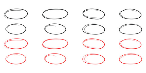 Black and red circle on isolated white background. 16 different shapes doodle ellipse. Different shapes element on isolated white background. EPS 10. 