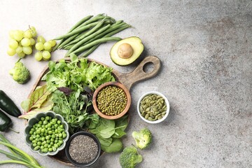 Superfood. Different healthy products on light grey table, flat lay. Space for text