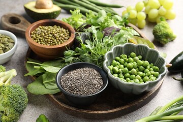 Superfood. Different healthy products on light grey table, closeup